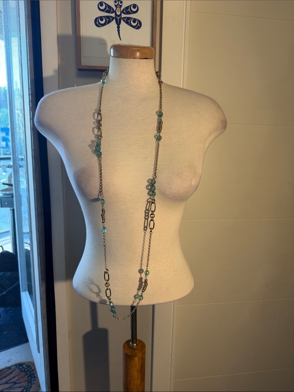 Source Unknown Silver-Tone Long Necklace with Aqua Beads